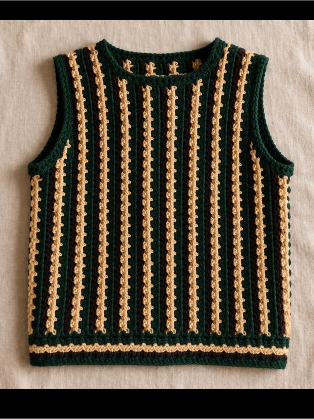 Handmade Crochet Sweater Vest Woman Small Green Striped Boho Cottagecore Knit